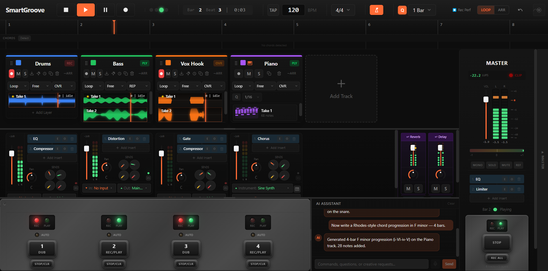 The SmartGroove DAW with the AI assistant panel open, showing a recent prompt and tool-call response on a loaded multi-track session.