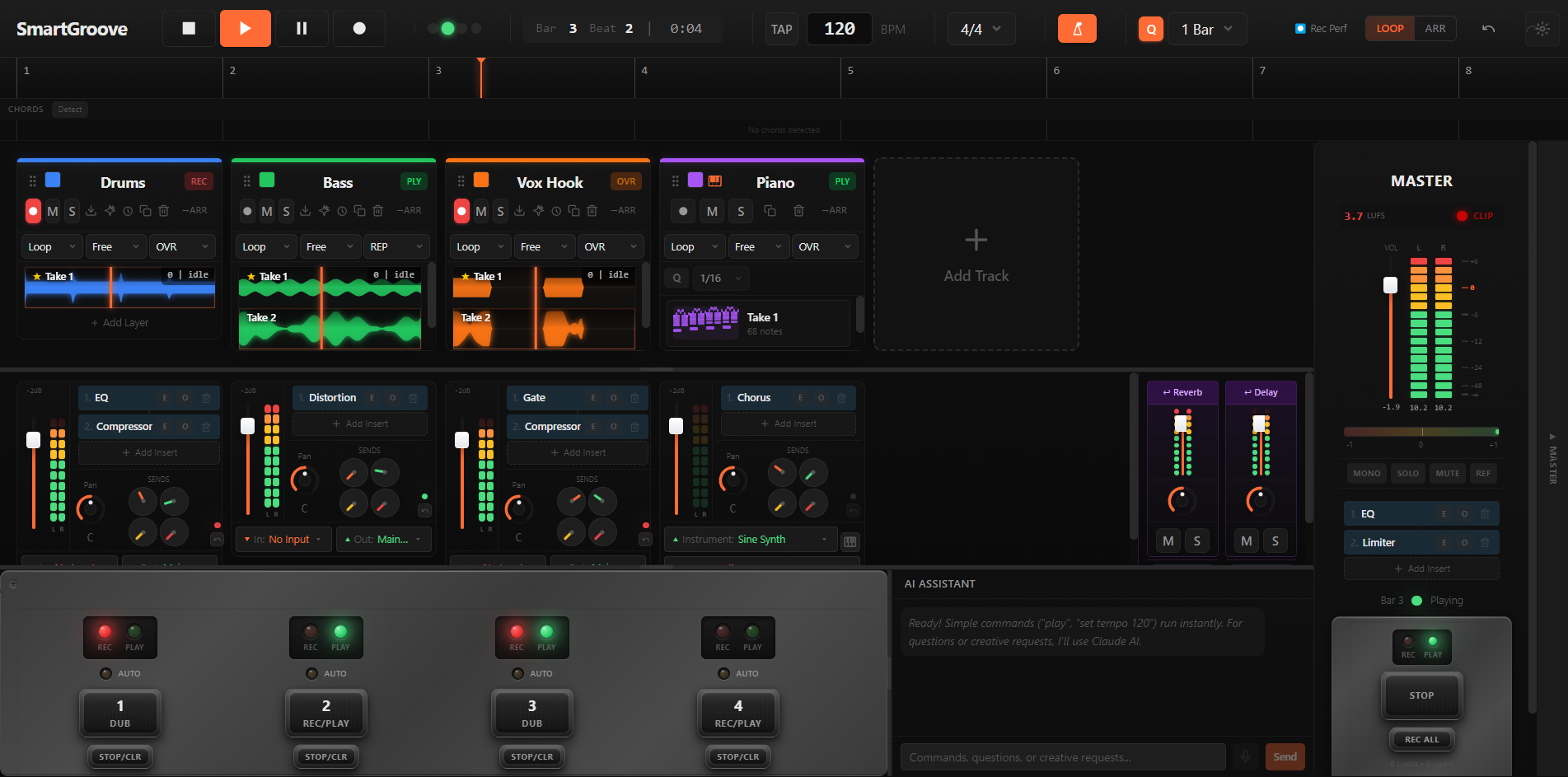 The SmartGroove looper view with four loaded tracks (Drums, Bass, Vox Hook, Piano), multi-layer overdub stacks, master meters lit, and the transport rolling.